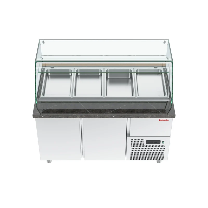Gastronics Premium Kühltheken-Set – Pizzakühltisch, Salattheke & Kassentisch mit schwarzem Granit & LED-Fischgrätenverkleidung 355 x 80 x 145cm