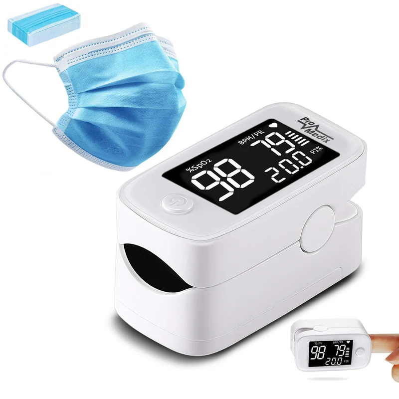 Promedix PR-870 1.5" HD LED pulse oximeter medical pulse oximeter + 2x CE EN 14683:2019 medical masks - set - blue color 10 pieces Promedix PR-280 BFE>98%
