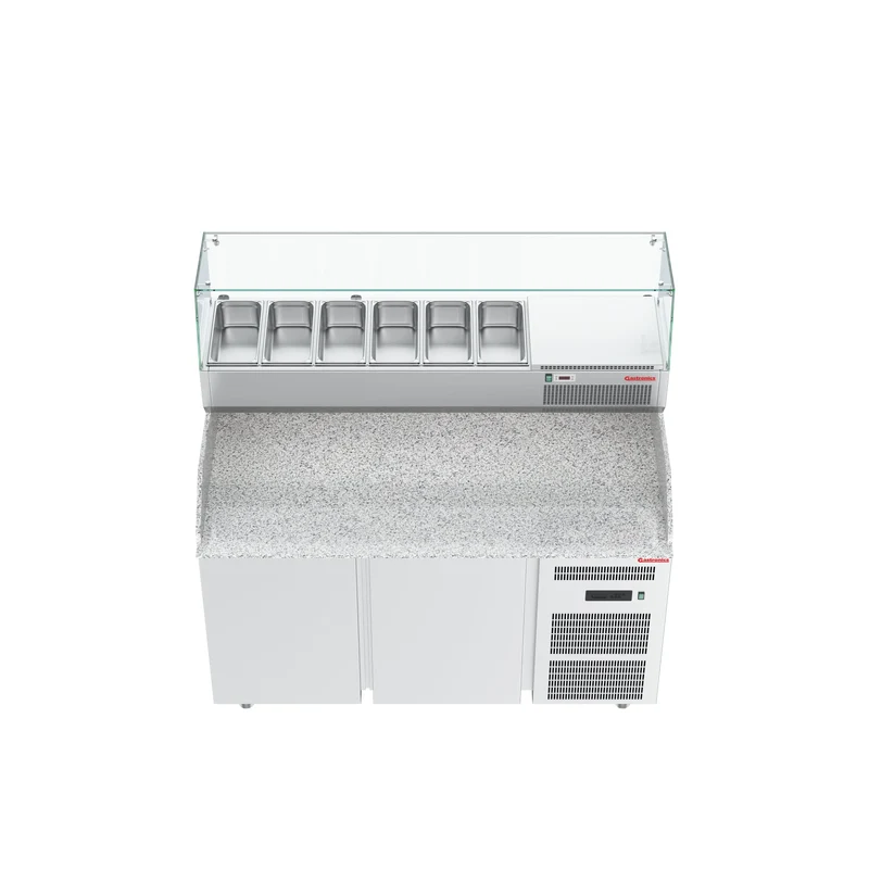 Gastronics Premium Kühltheken-Set – Pizzakühltisch, Salattheke & Kassentisch mit Granit & LED-Fischgrätenverkleidung 355 x 80 x 145cm