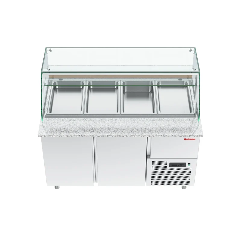 Gastronics Premium Kühltheken-Set – Pizzakühltisch, Salattheke & Kassentisch mit Granit & LED-Fischgrätenverkleidung 355 x 80 x 145cm