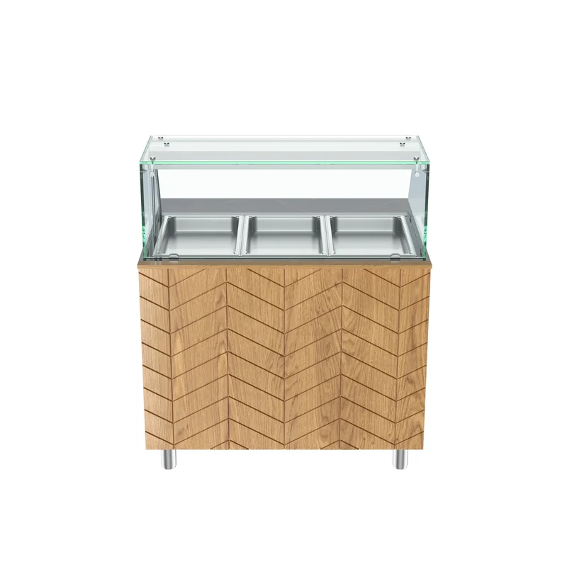 Gastronics Bain Marie / Warmtheke Premium – Integrierte Kühltheke mit schwarzem Granit, Fischgrätenverkleidung, LED-Beleuchtung, mit Schiebtür 107 x 80 x 145 cm