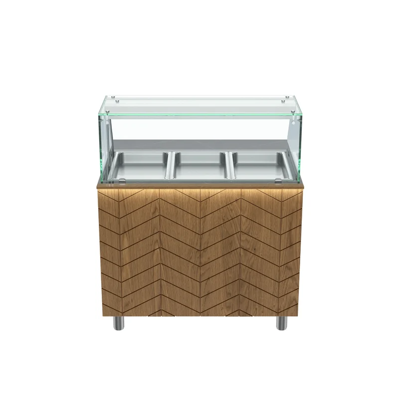 Gastronics Bain Marie / Warmtheke Premium – Integrierte Kühltheke mit schwarzem Granit, Fischgrätenverkleidung, LED-Beleuchtung, mit Schiebtür 107 x 80 x 145 cm