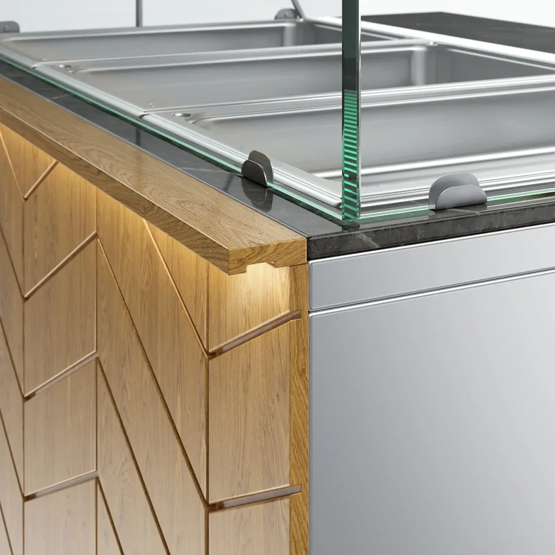 Gastronics Bain Marie / Warmtheke Premium – Integrierte Kühltheke mit schwarzem Granit, Fischgrätenverkleidung, LED-Beleuchtung, mit Schiebtür 107 x 80 x 145 cm