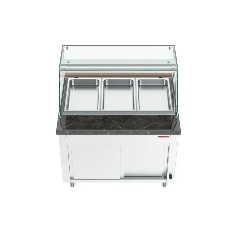 Gastronics Bain Marie / Warmtheke Premium – Integrierte Kühltheke mit schwarzem Granit, Fischgrätenverkleidung, LED-Beleuchtung, mit Schiebtür 107 x 80 x 145 cm