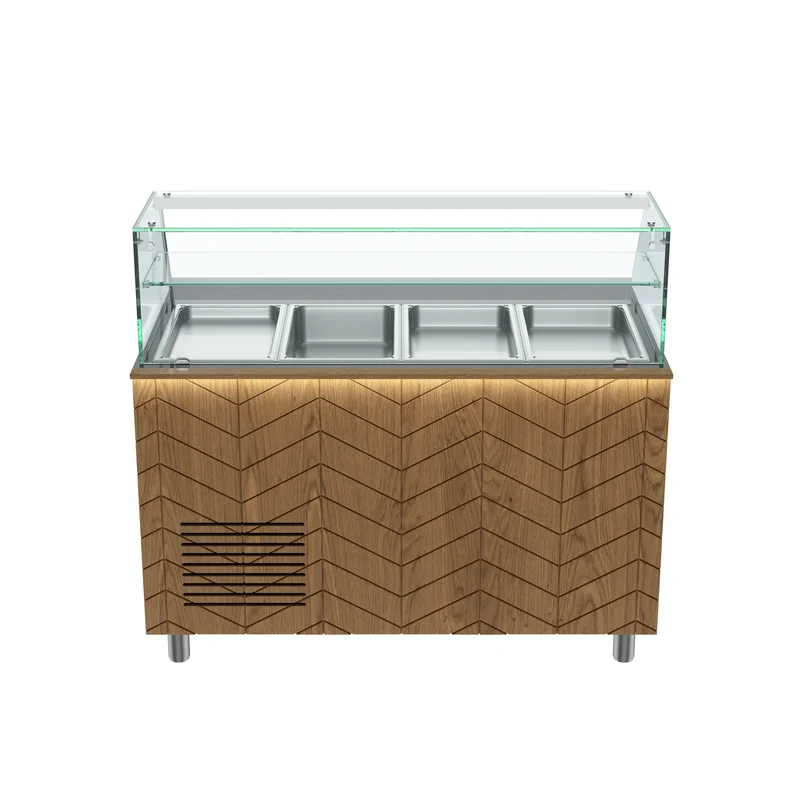 Gastronics Salattheke Premium – Hochwertige Kühltheke mit schwarzem Granit, Fischgrätenverkleidung, LED-Beleuchtung, 4x GN 1/1 und 2 Türen 141 x 70 x 125 cm