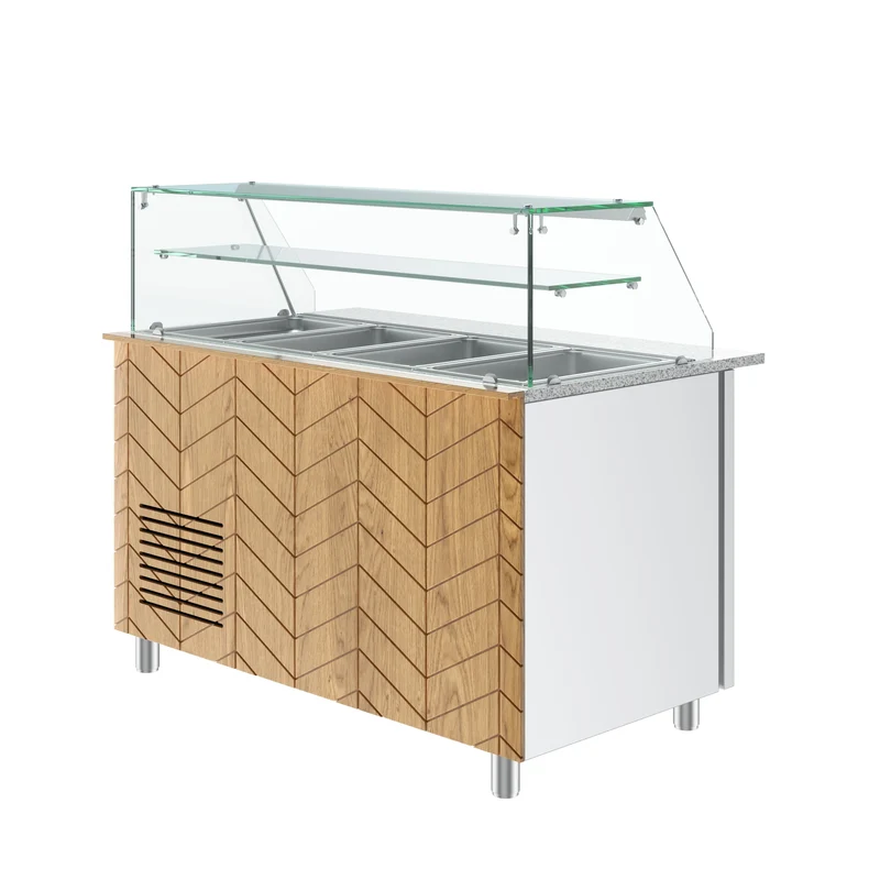 Gastronics Salattheke Premium – Hochwertige Kühltheke mit grauem Granit, Fischgrätenverkleidung, LED-Beleuchtung, 4x GN 1/1 und 2 Türen 141 x 70 x 125 cm