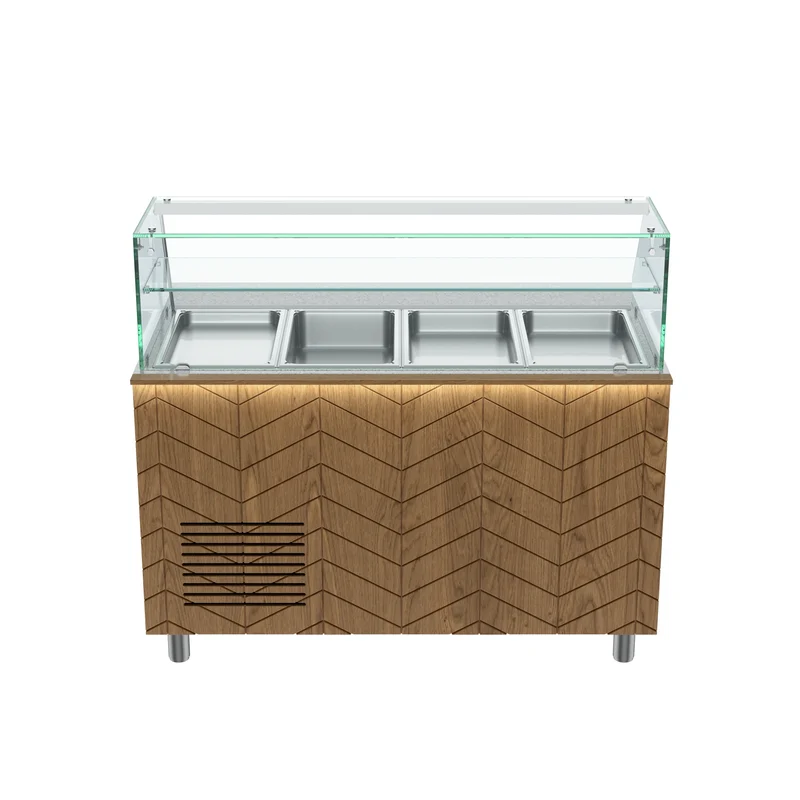 Gastronics Salattheke Premium – Hochwertige Kühltheke mit grauem Granit, Fischgrätenverkleidung, LED-Beleuchtung, 4x GN 1/1 und 2 Türen 141 x 70 x 125 cm
