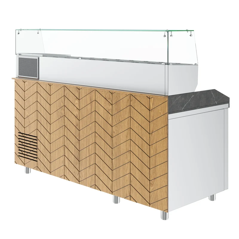 Gastronics Pizzakühltisch Premium – Hochwertige Kühltheke mit schwarzem Granit, Fischgrätenverkleidung, LED-Beleuchtung mit 207 x 80 x 145 cm