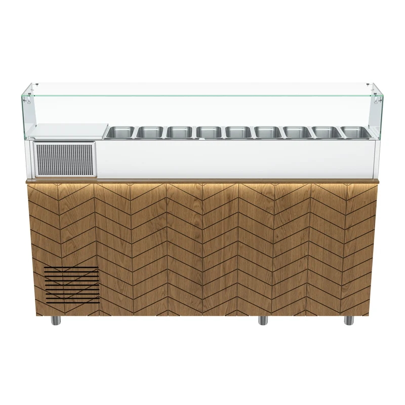 Gastronics Pizzakühltisch Premium – Hochwertige Kühltheke mit schwarzem Granit, Fischgrätenverkleidung, LED-Beleuchtung mit 207 x 80 x 145 cm