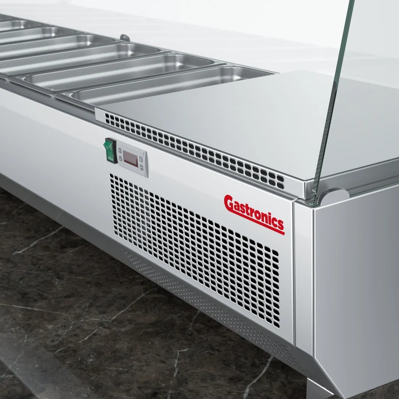 Gastronics Pizzakühltisch Premium – Hochwertige Kühltheke mit schwarzem Granit, Fischgrätenverkleidung, LED-Beleuchtung mit 207 x 80 x 145 cm
