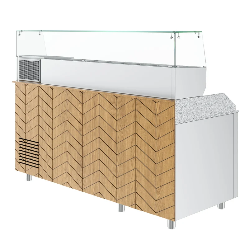 Gastronics Pizzakühltisch Premium – Hochwertige Kühltheke mit grauem Granit, Fischgrätenverkleidung, LED-Beleuchtung 207 x 80 x 145 cm