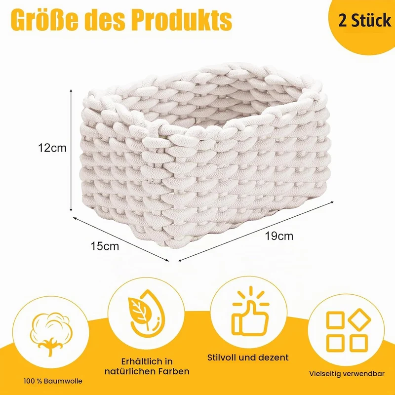 Aufbewahrungskorb Geflochten, 2 Stück Häkelkorb, 19 x 15 x 12 cm Aufbewahrungskorb Kinder, Waschbar