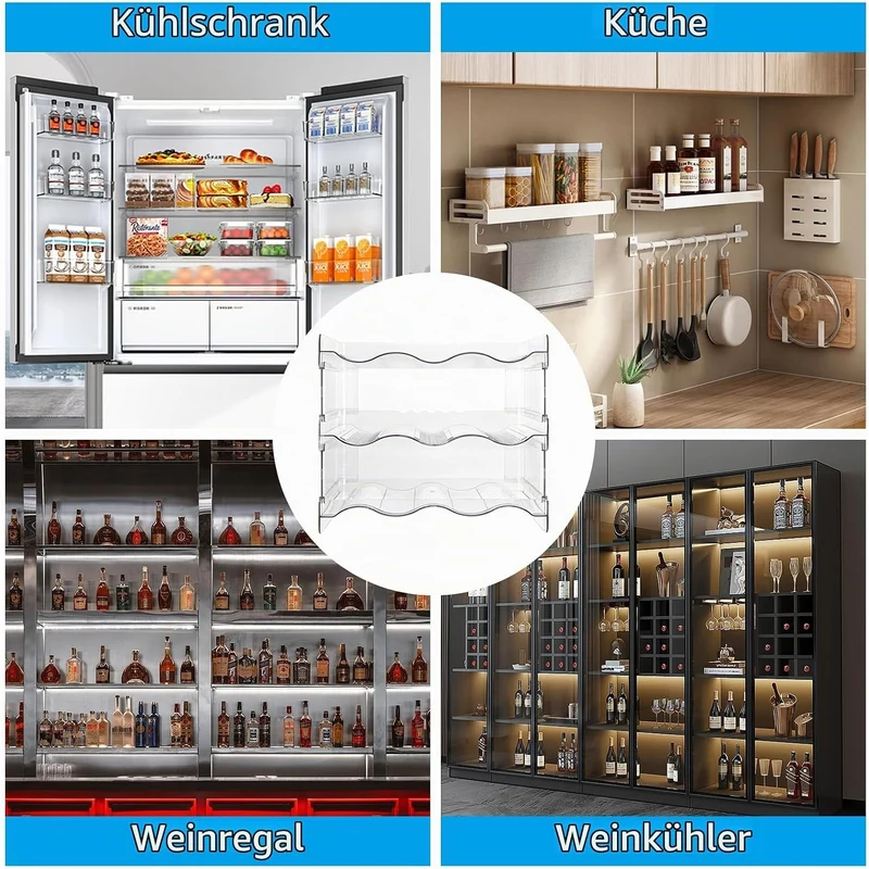 3er Set Stapelbarer Flaschenhalter für Schrank, Flaschen Organizer, Flaschenhalter Kühlschrank Organ
