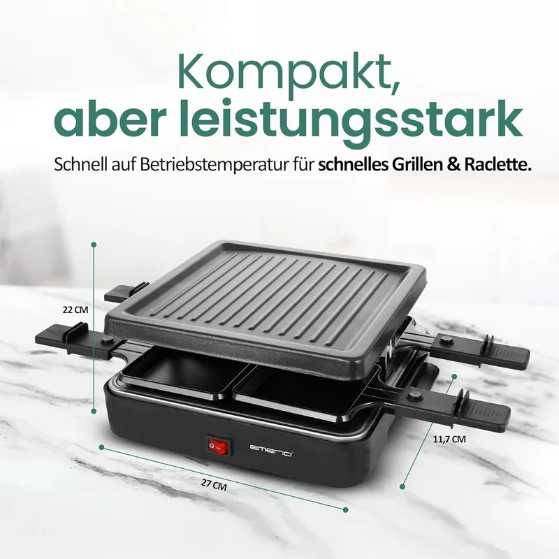 Emerio Raclettegrill,4 Pfannen,Grillplatte antihaft (RG-120656)