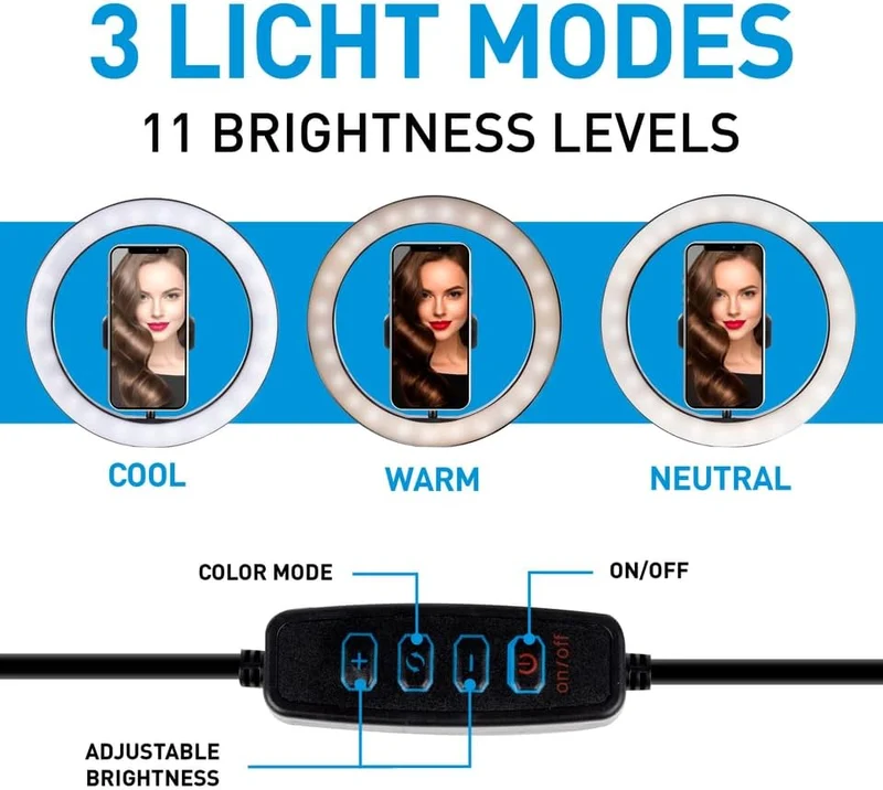 Grundig Ringlicht auf Stativ - Selfie Ringlicht - ⌀ 25 cm - 3 Lichtfarben - 11 Helligkeitsstufen - F