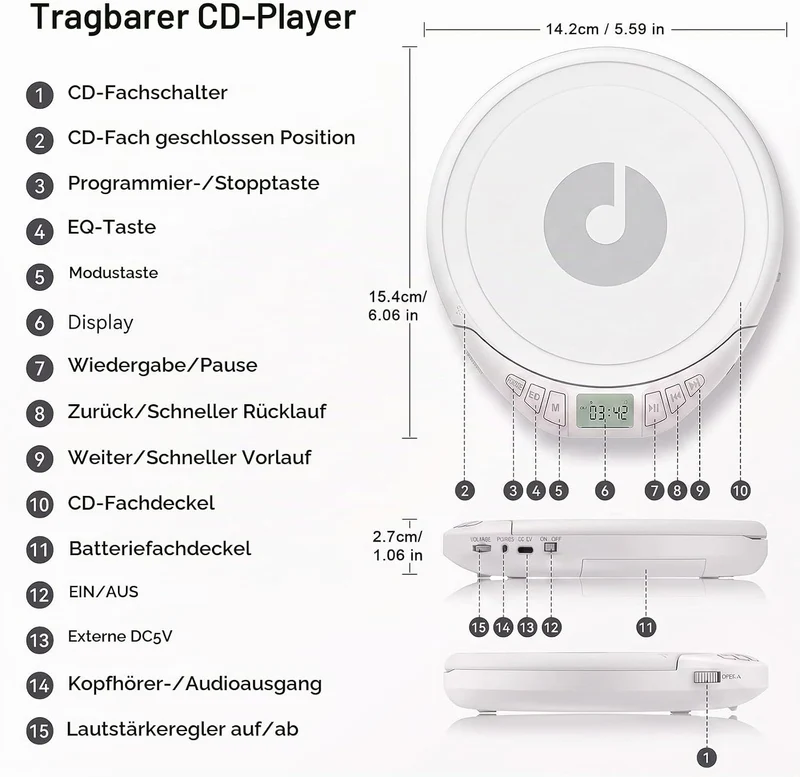 Gueray CD Spieler Tragbarer CD-Player Persönliche CD Players mit Kopfhörer LCD Display Anti-Skip Sch
