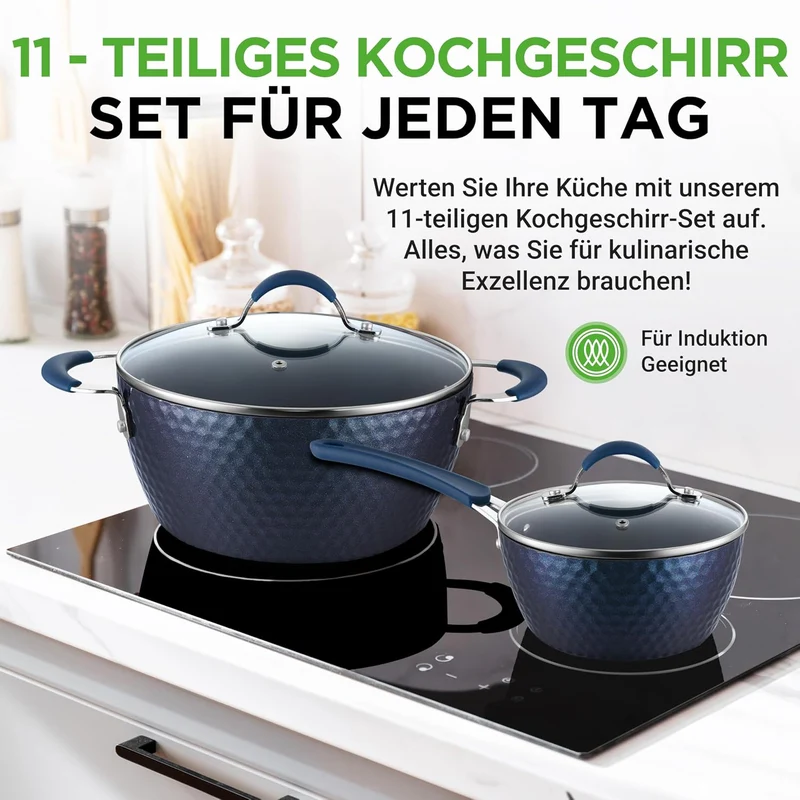 NutriChef Pfannenset & Topfset 11-teilig Antihaftbeschichtet – Kochtopf Set mit Durchsichtigen Decke