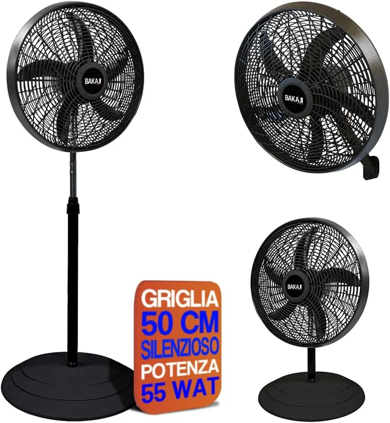 BAKAJI Ventilator 3-in-1, Tischventilator aus Stahl und Kunststoff, 3 einstellbare Geschwindigkeiten