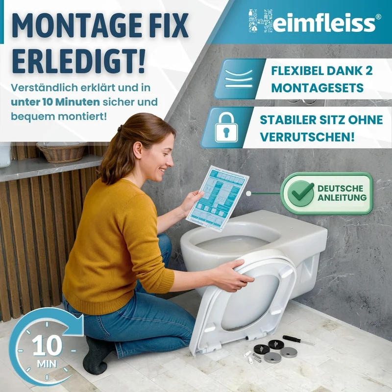 Heimfleiss® Toilettendeckel mit Absenkautomatik D-Form + Montageset | Duroplast WC Sitz mit Absenkau