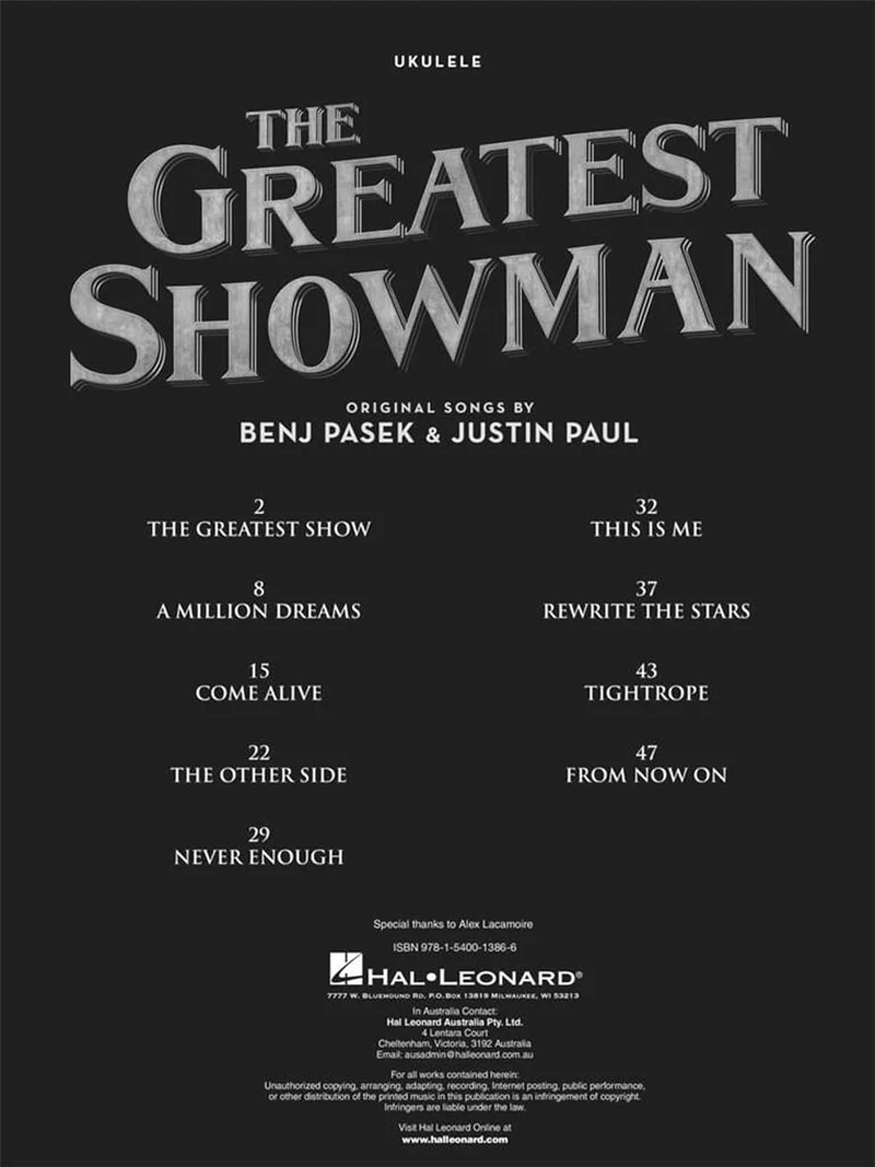 The Greatest Showman: Music From The Motion Picture Soundtrack -For Ukulele-: Noten, Sammelband für