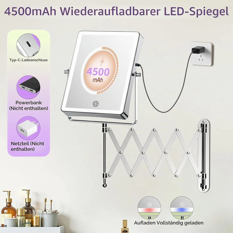Famihomii 5000mAh Wiederaufladbar Kosmetikspiegel mit LED Beleuchtetung, 8,7 Zoll beidseitig 1X/20X