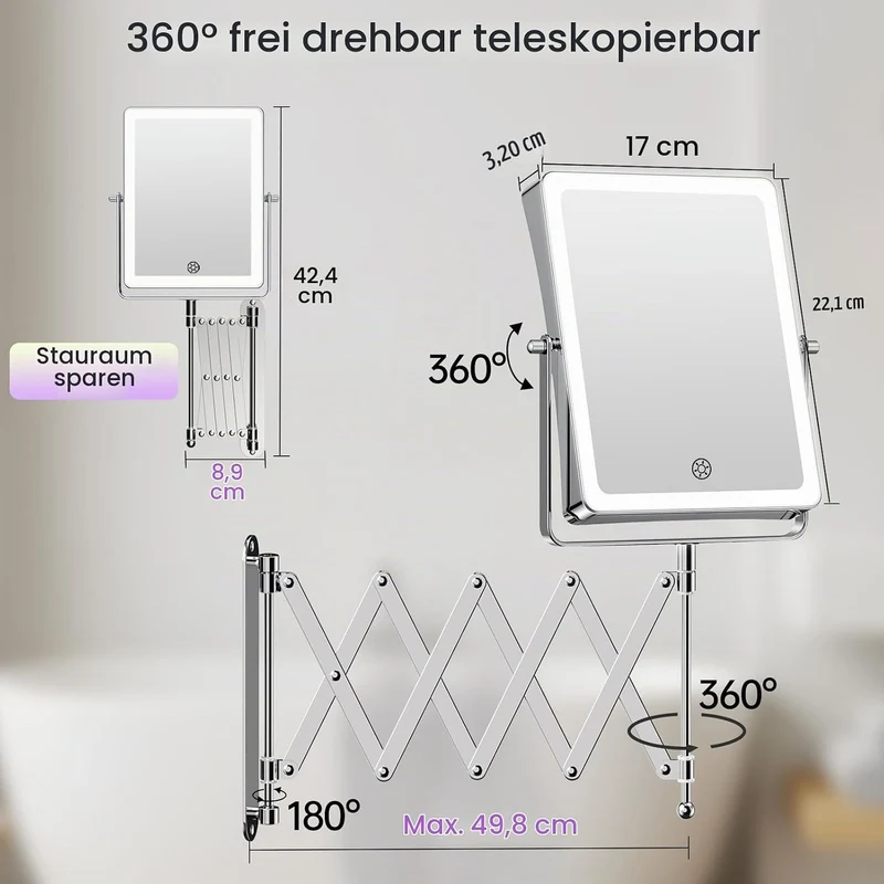 Famihomii 5000mAh Wiederaufladbar Kosmetikspiegel mit LED Beleuchtetung, 8,7 Zoll beidseitig 1X/20X