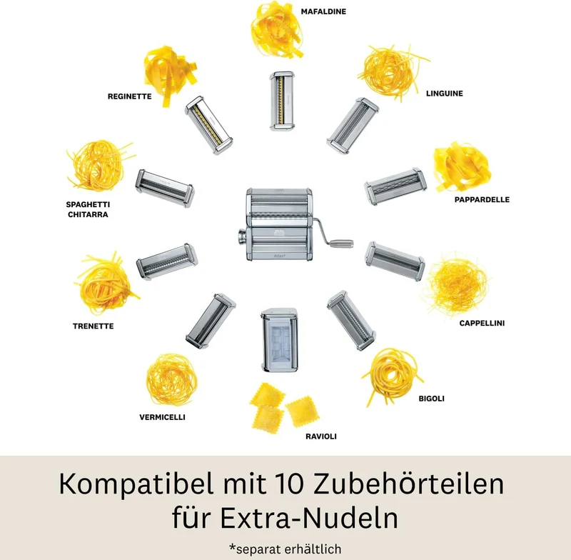 Marcato – Atlas+ Nudelmaschine für frische Pasta aus eloxiertem Aluminium mit 4 Formen | Lasagne, Fe