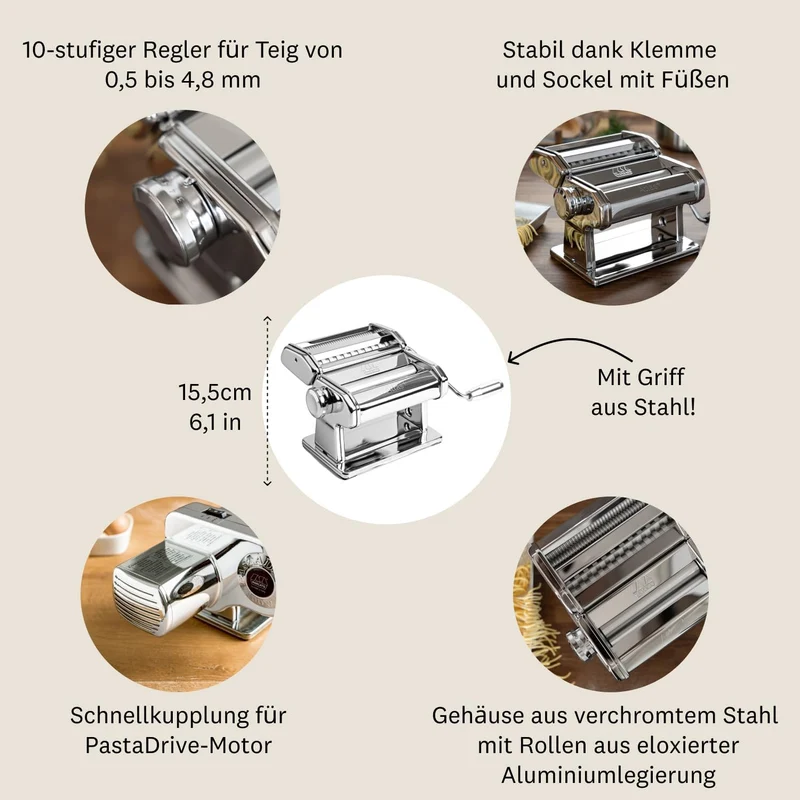 Marcato – Atlas+ Nudelmaschine für frische Pasta aus eloxiertem Aluminium mit 4 Formen | Lasagne, Fe