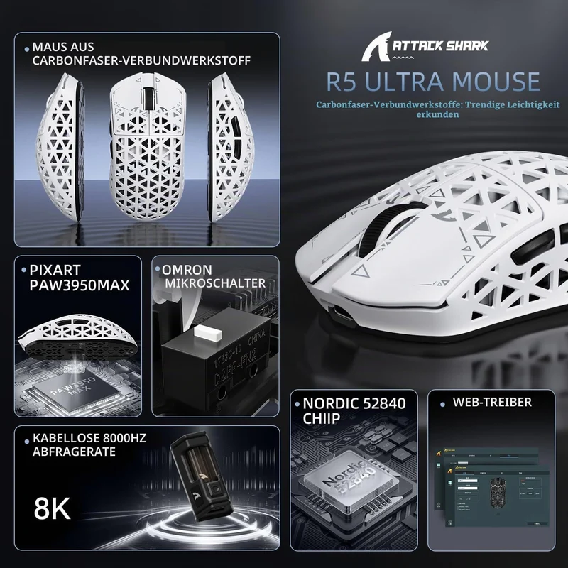 ATTACK SHARK R5 Ultra Carbonfaser Gaming-Maus, 39g Superlight, 8000Hz Kabellose Mouse, 42000 DPI, PA