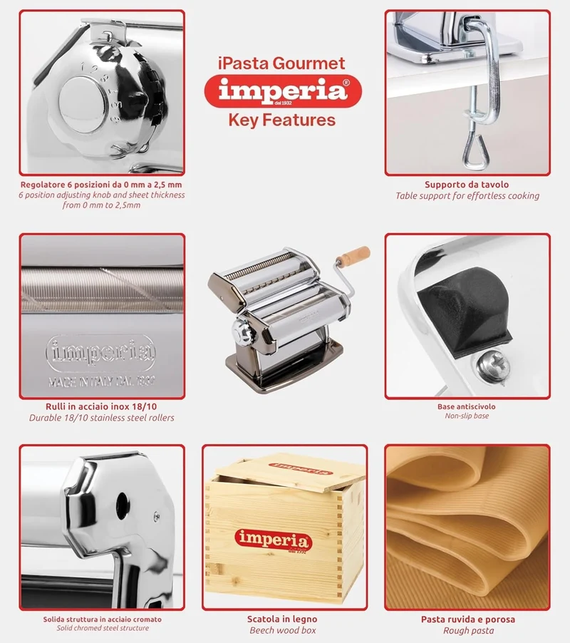 Imperia IPASTA Gourmet Linie. Nudelmaschine für raue Pasta. 100% Made in Italy. Frischpastamaschine