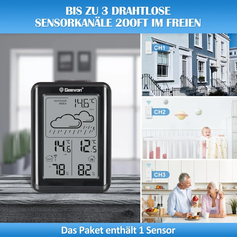 Geevon Wetterstation Funk mit Aussensensor, einfache Bedienung, präzise Wettervorhersage, zuverlässi