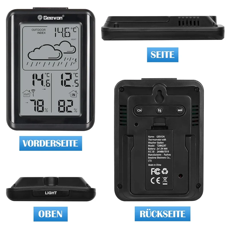 Geevon Wetterstation Funk mit Aussensensor, einfache Bedienung, präzise Wettervorhersage, zuverlässi