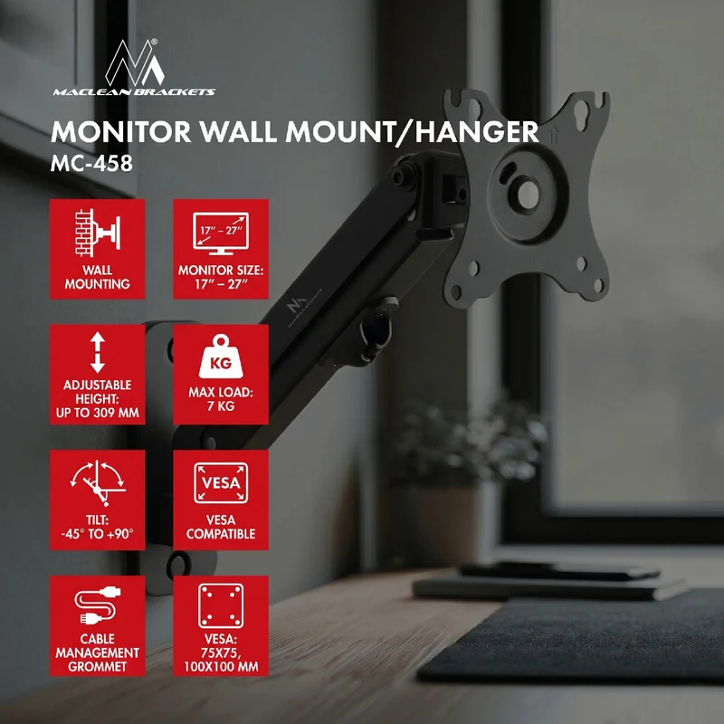 Maclean monitor wall mount, 17-27'', 7kg max, gas spring, MC-458