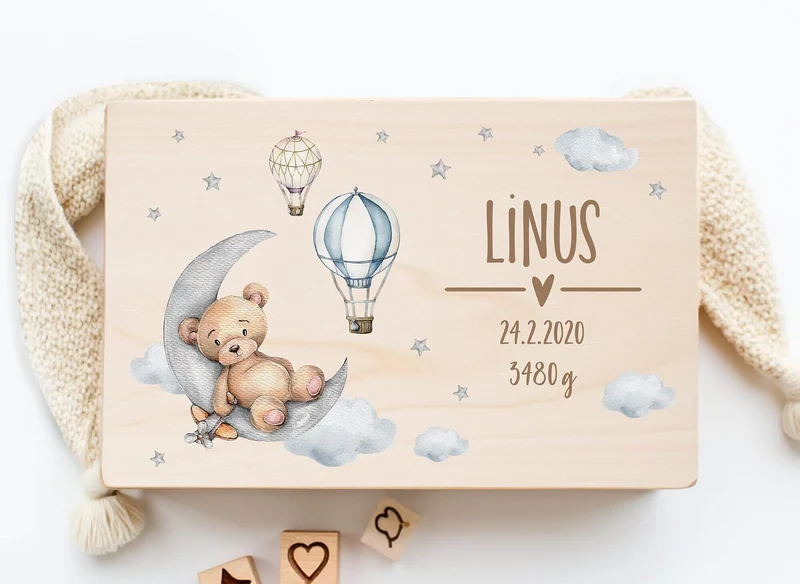 Little Deco Personalisierte Erinnerungsbox Baby Holzkiste mit Deckel | M - 30 x 20 x 13 cm | Erinner