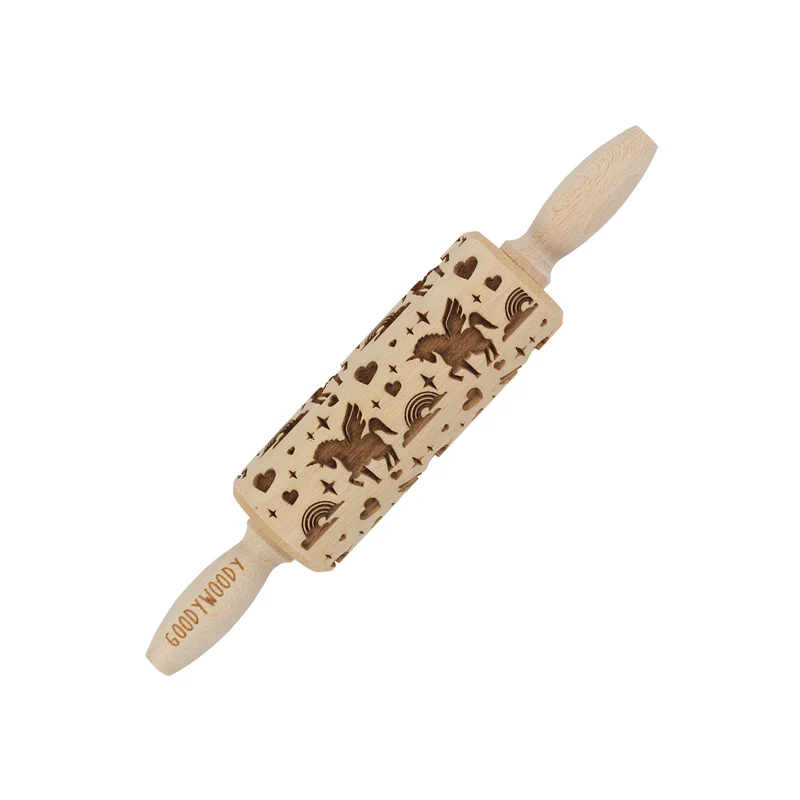 Goody Woody embossed rolling pin engraved cake roller, 23.5 cm, beech wood, unicorn design