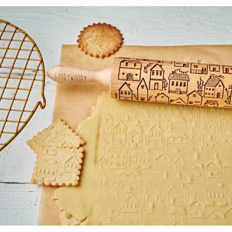Goody Woody engraved cake roller, 46 cm, beech wood, Scandinavian city