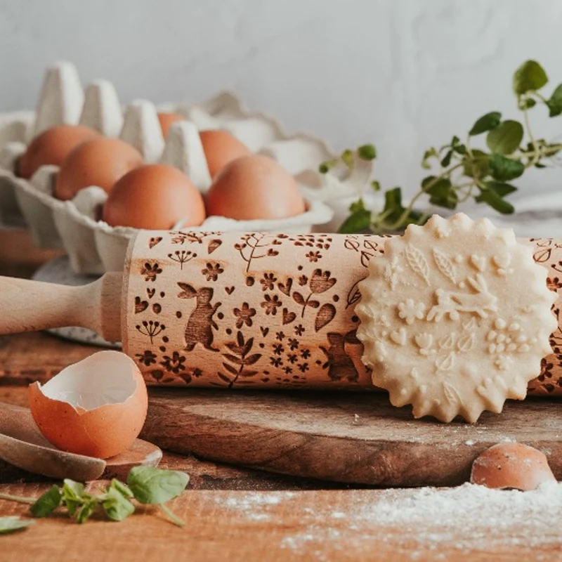 Goody Woody engraved rolling pin cake roller, 46 cm, beech wood, bunny design