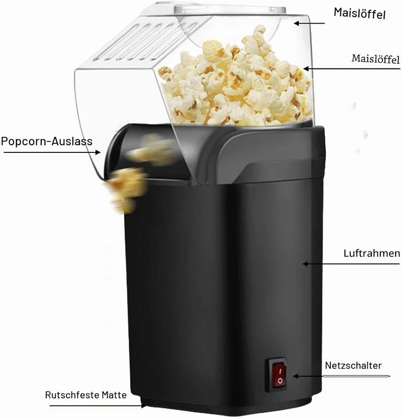 Popcornmaschine: 1200W HeissLuft Popcornmaschine, Selbstgemachte Popcorn Maker, Gesund& Ölfrei, 2 Mi