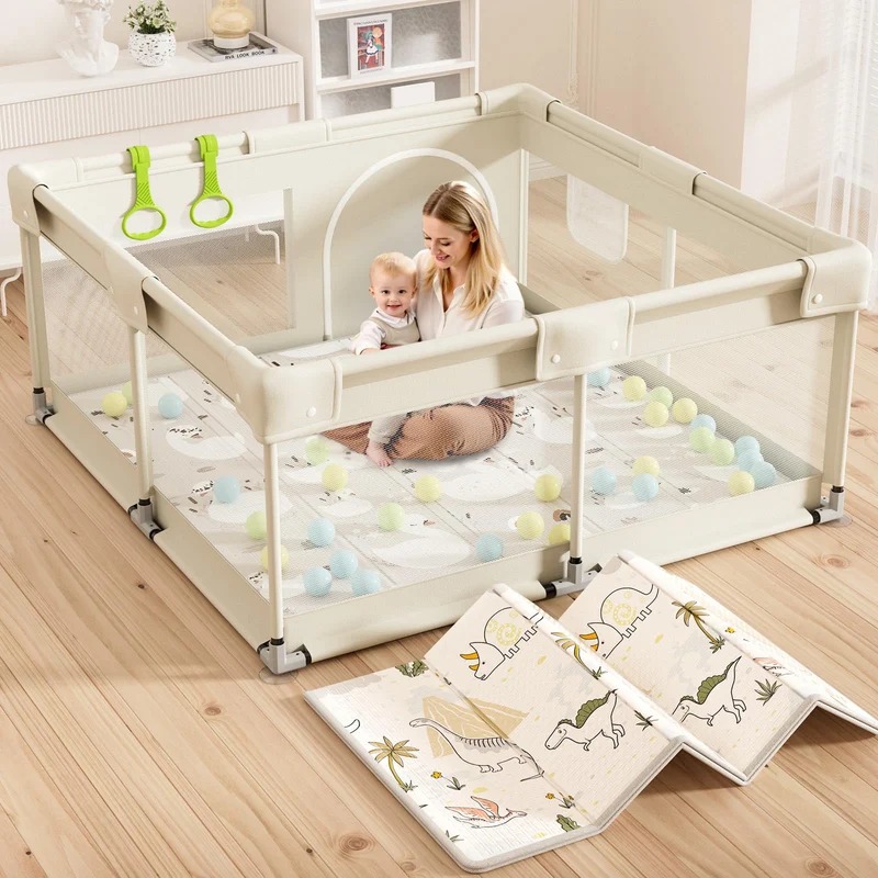 Laufstall Baby mit Matratze, Beige 120x120 Kleines Laufgitter Baby mit Matte, Laufstall für Apartmen