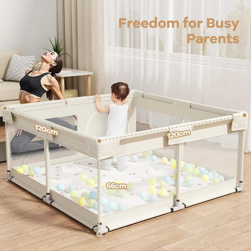 Laufstall Baby mit Matratze, Beige 120x120 Kleines Laufgitter Baby mit Matte, Laufstall für Apartmen