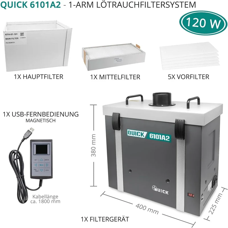 QUICK einarmiges Lötrauchfiltersystem 120W | 2-Gelenk-Absaugarm 1,05m und Düse 105mm | 3-stufige Fil
