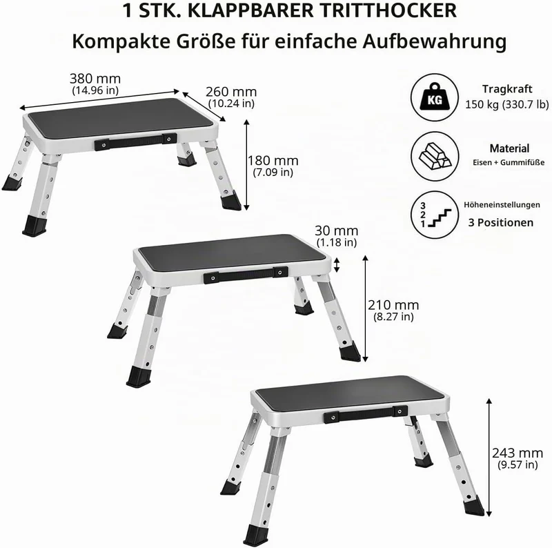 QWORK® Tritthocker Klappbar und Höhenverstellbar aus Robustem Eisen, Rutschfeste Plattform, für Camp