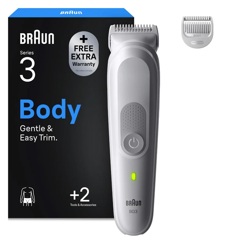 Braun Bodygroomer Series 3, Elektrischer Körperrasierer Herren mit 3 Zubehörteile, Kabelloser Trimme
