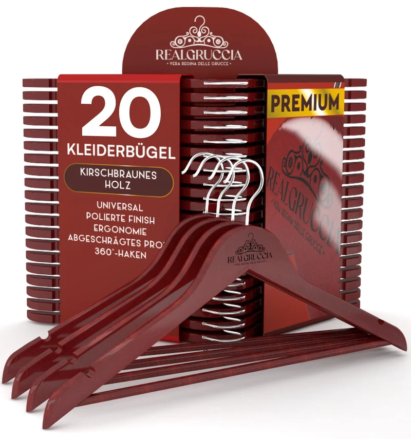 20 Kleiderbügel aus Holz Anti-Rutsch-Einkerbungen Holzbügel 22x45cm Farbe Kirsche - RealGruccia von