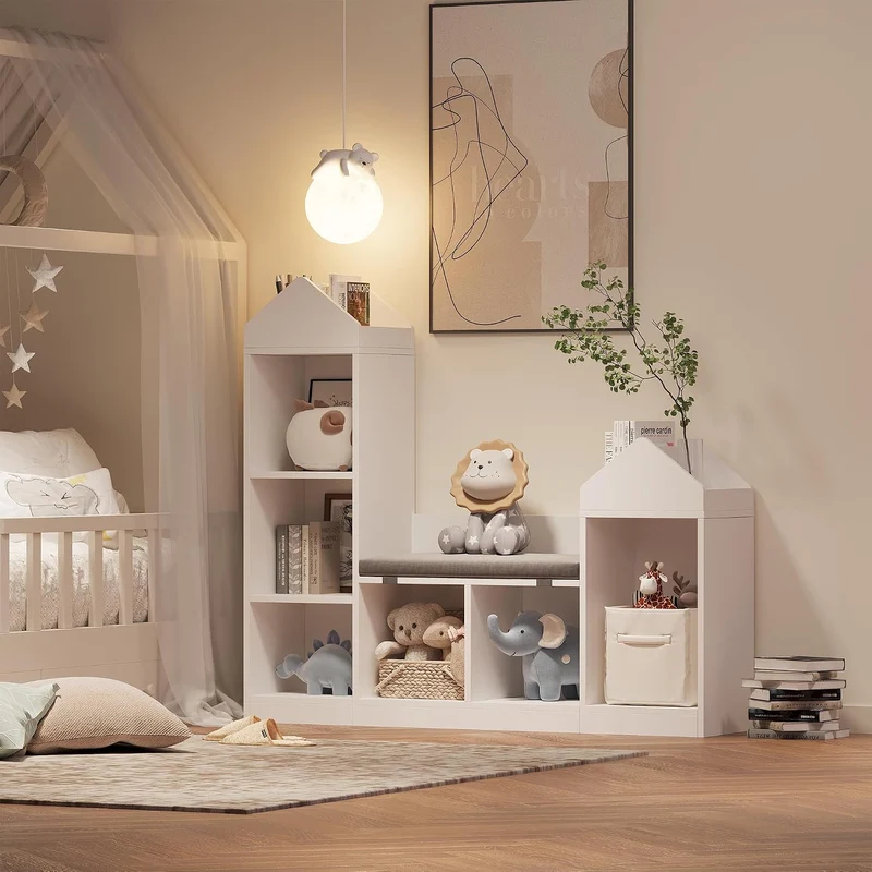 Litake Spielzeugregal Kinderregal mit 8 Fächern und 1 Kissen, Bücherregal Kinder und Spielzeugregal