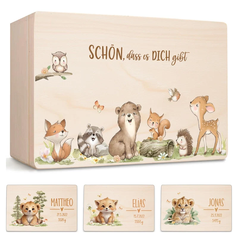 Little Deco Erinnerungsbox Baby Holzkiste mit Waldtiere | L - 40 x 30 x 22 cm Geburt & Taufe für Mäd