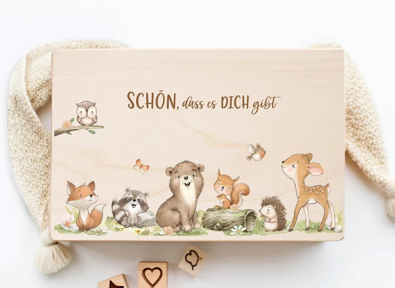 Little Deco Erinnerungsbox Baby Holzkiste mit Waldtiere | L - 40 x 30 x 22 cm Geburt & Taufe für Mäd