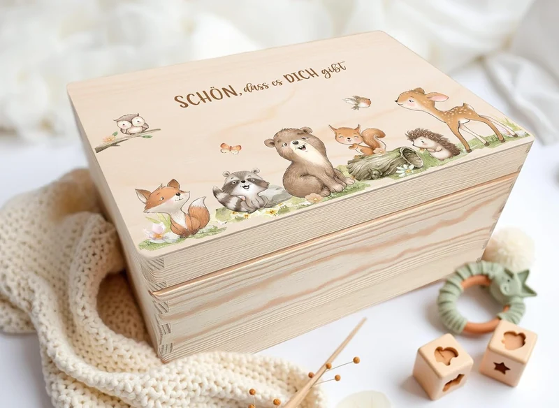 Little Deco Erinnerungsbox Baby Holzkiste mit Waldtiere | L - 40 x 30 x 22 cm Geburt & Taufe für Mäd