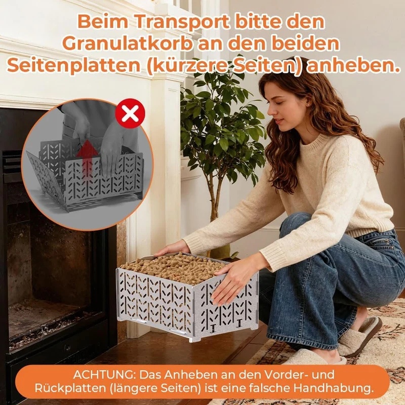 OUSFOT Pelletkorb für Kaminofen aus Edelstahl 430, Pelletbehälter, 30 x 25 x 17 cm, 2,8 kg, Tragbar,