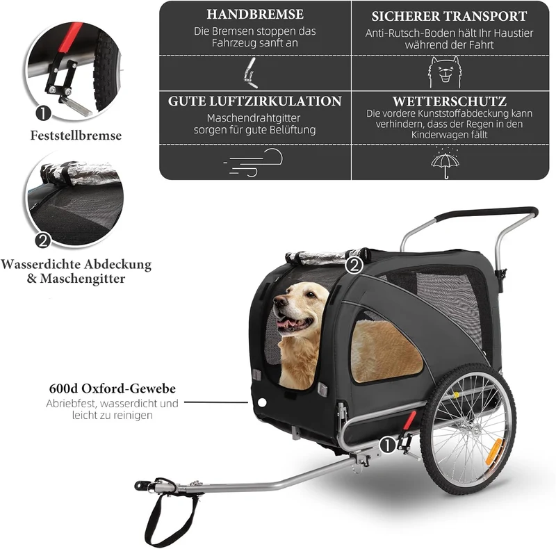 XL Hundeanhänger Fahrrad & Jogger 2-in-1 mit Handbremse und Reflektoren, stabiles 600D Oxford-Gewebe